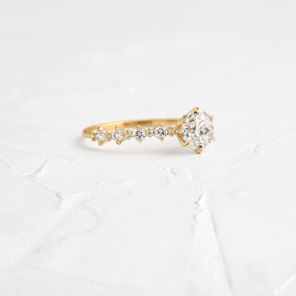 Solid Gold Wavelet Ring | 0.9ct. Round Cut Diamond Moissanite Ring