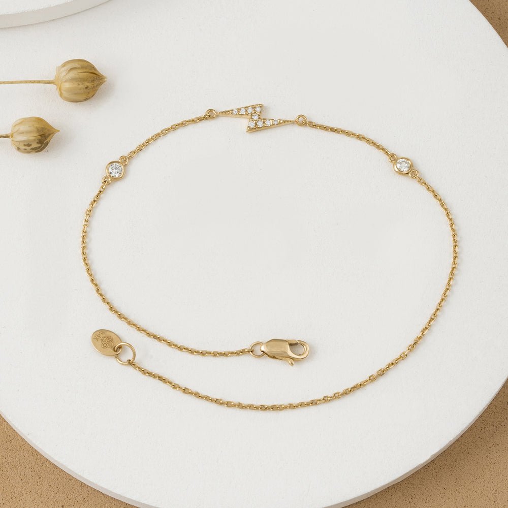 Solid Gold Lightning Bolt Bracelet with Bezel Diamonds