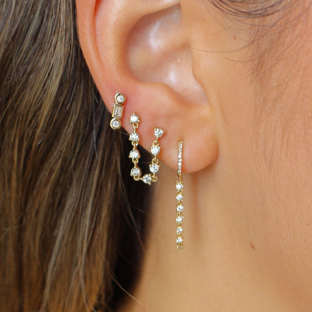 Solid Gold Bezel Round Rectangle Diamond Line Stud Earring