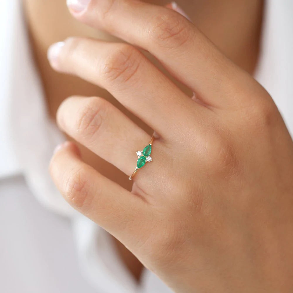 Solid Gold Pear Shape Emerald and Diamond Cluster Ring