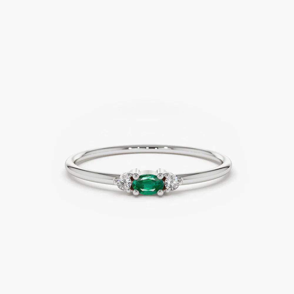 Solid Gold Mini Oval Emerald Ring with Diamonds Ring
