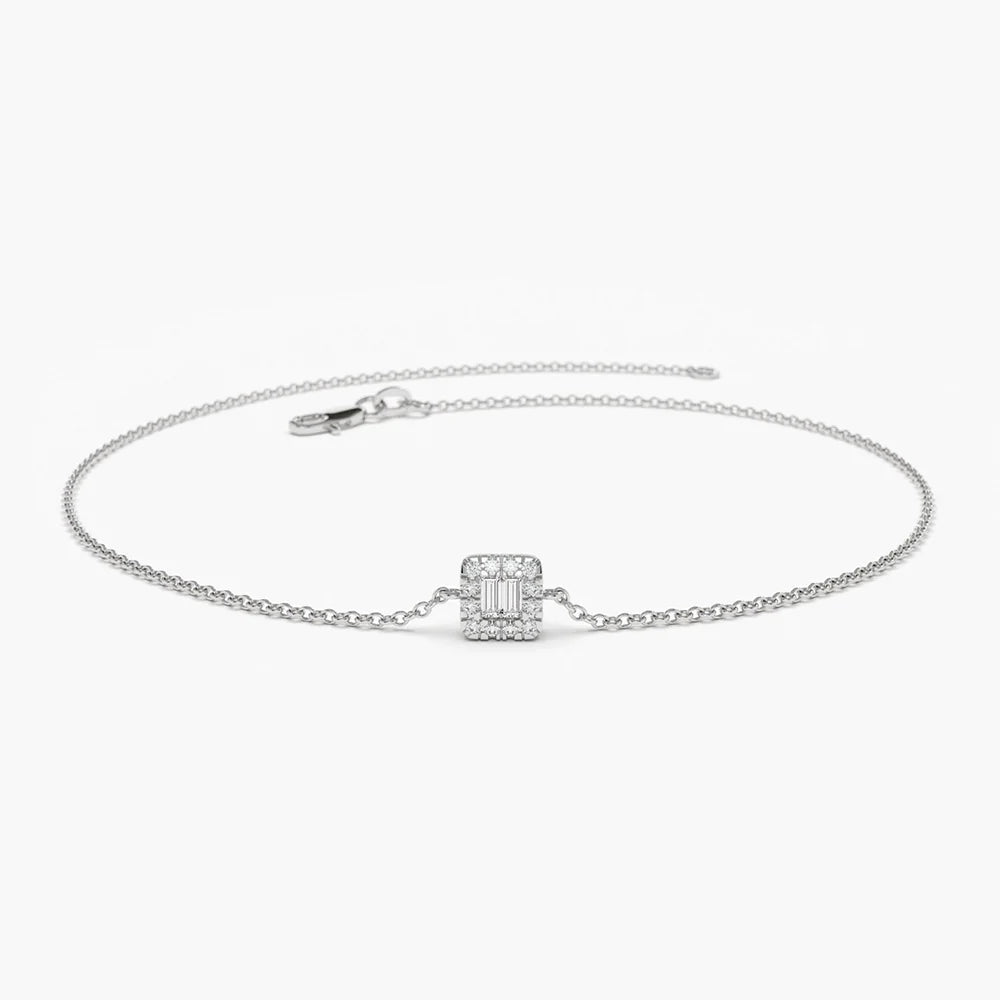 Solid Gold Tiny Baguette and Round Lab-Grown Diamond Station Bracelet