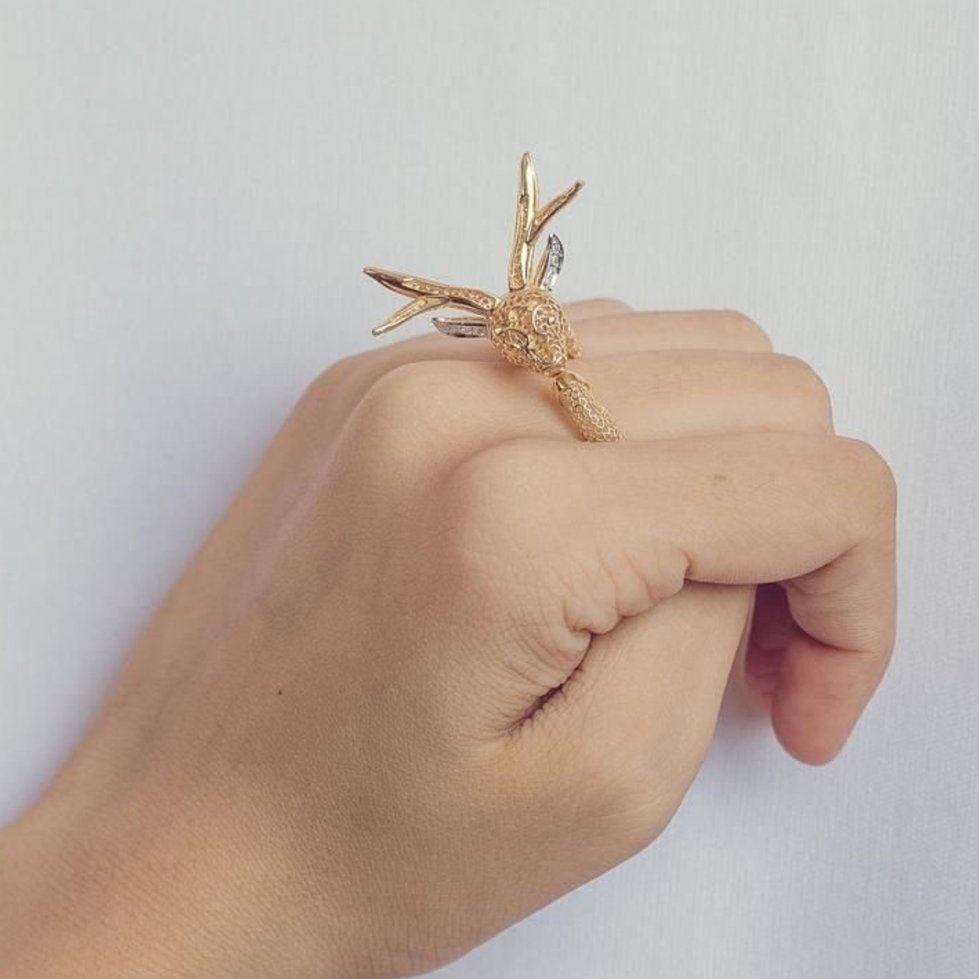 Solid Gold Diamond Textured Reindeer Ring