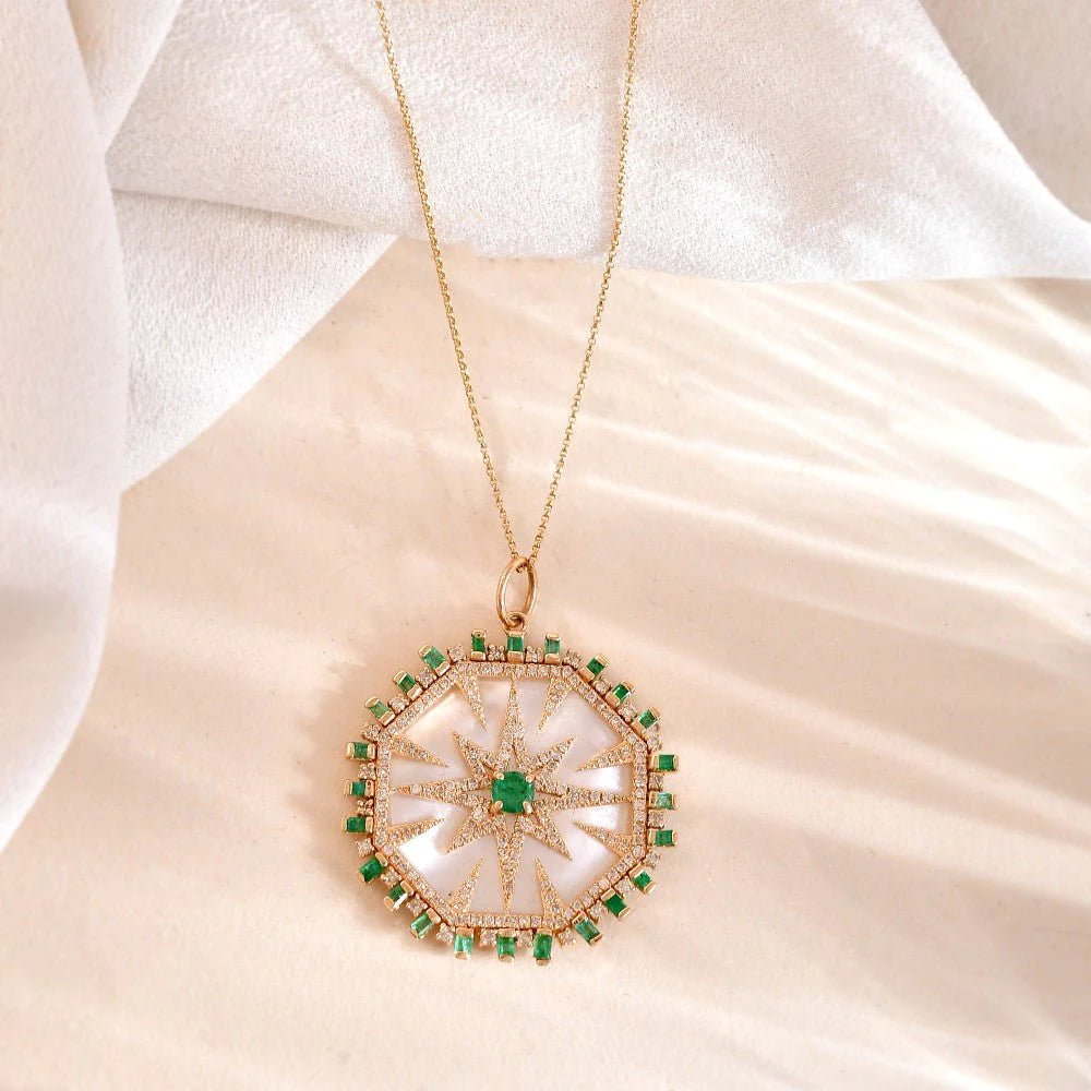 Solid Gold Emerald & Mother of Pear Charm