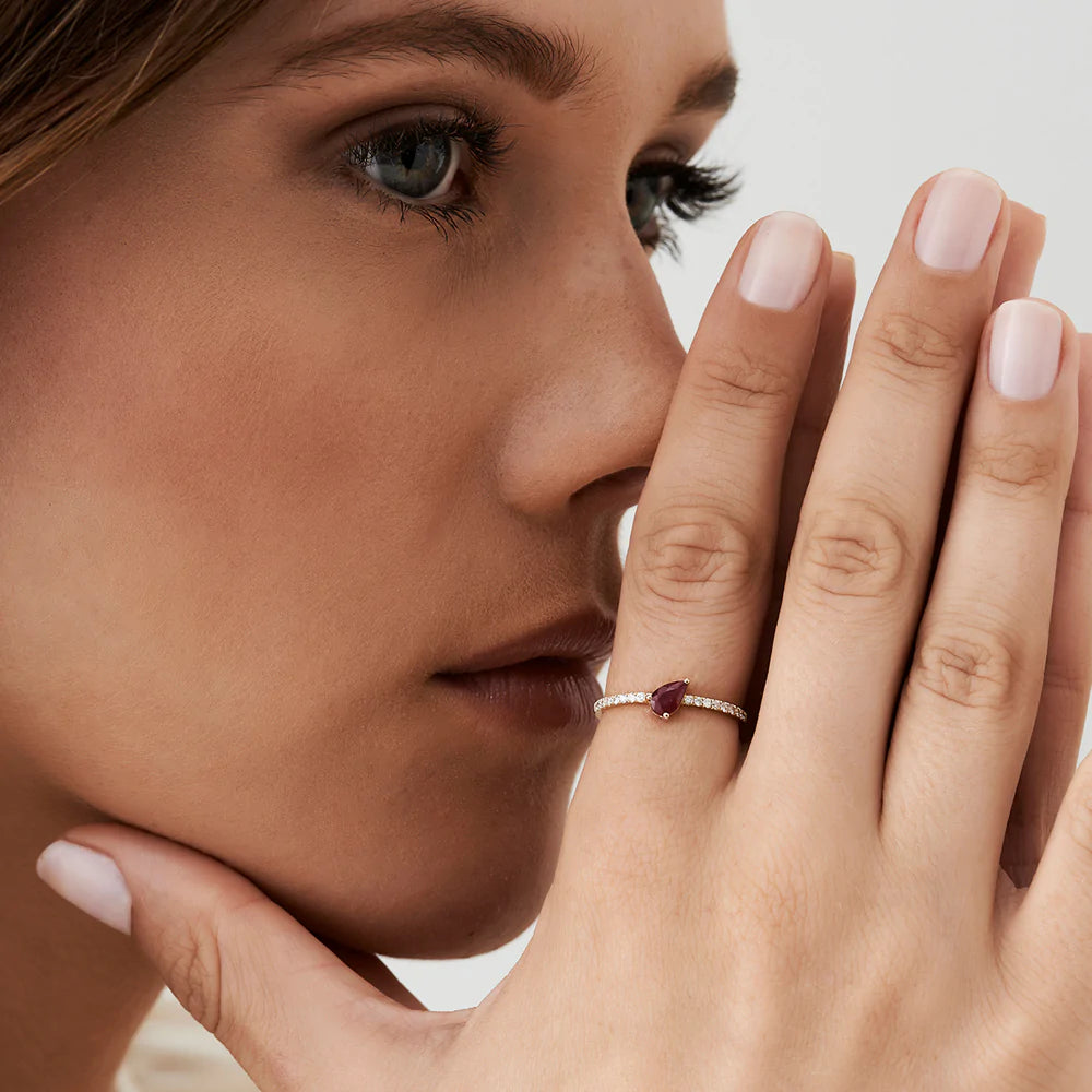 Solid Gold Slanted Pear Shape Ruby Ring with Pave Diamonds