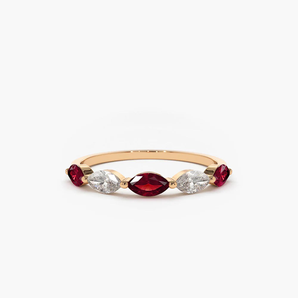 Solid Gold Ruby and Marquise Diamond Alternating Ring