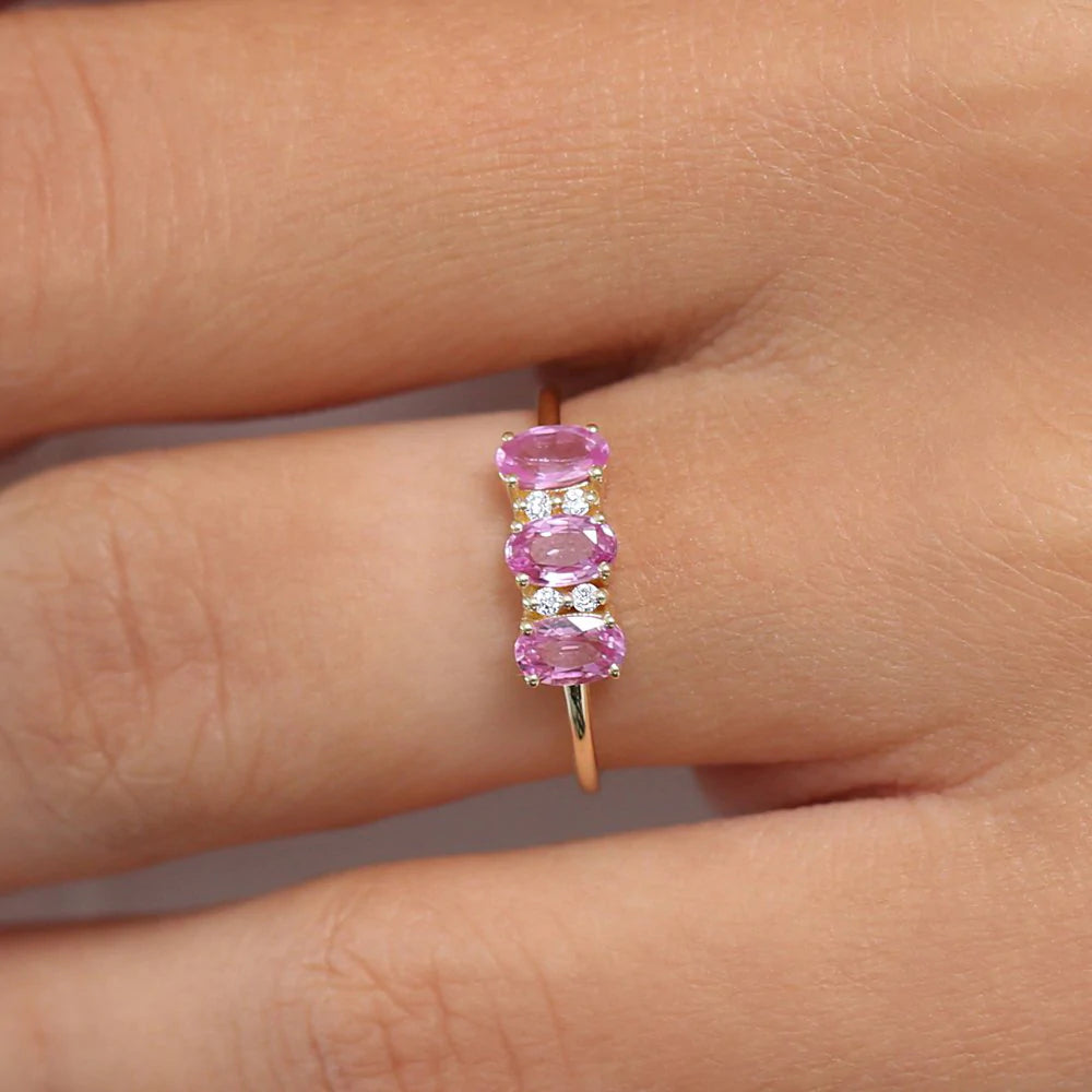 Oval Genuine Pink Sapphire and Moissanite Ring – 0.05ct Total, 1.3MM Band, photo 6