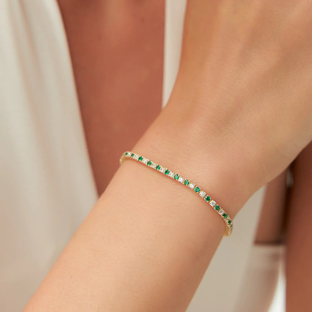 Solid Gold Prong Setting Diamond and Emerald Tennis Bracelet