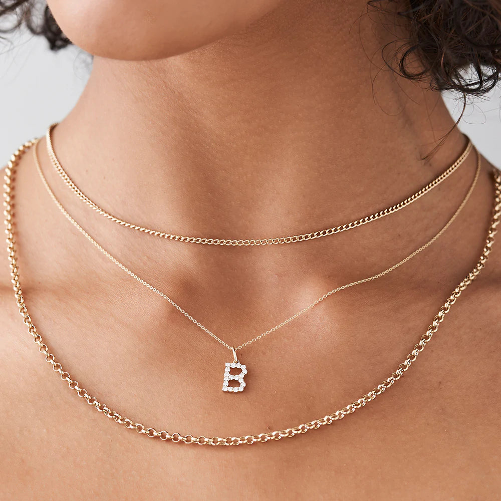 Solid Gold Medium Size Diamond Initial Necklace