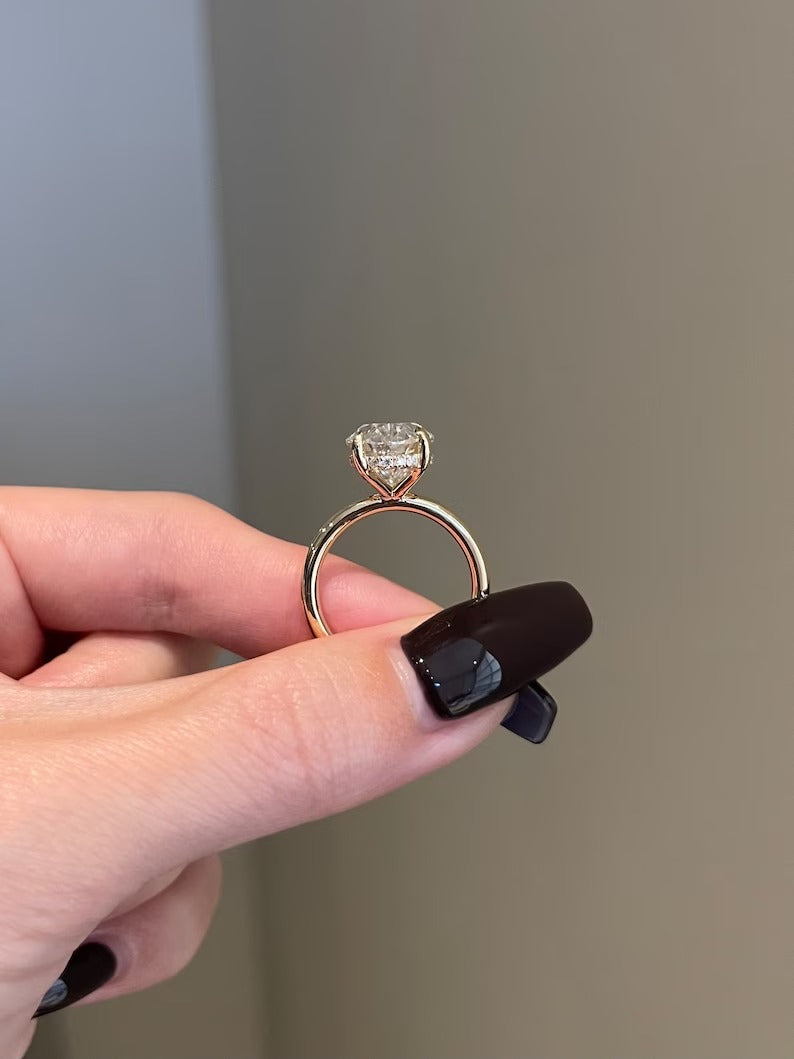 Solitaire Ring - 8.5 Carat Crushed Ice Hybrid Oval Cut Moissanite 4-Prong Hidden