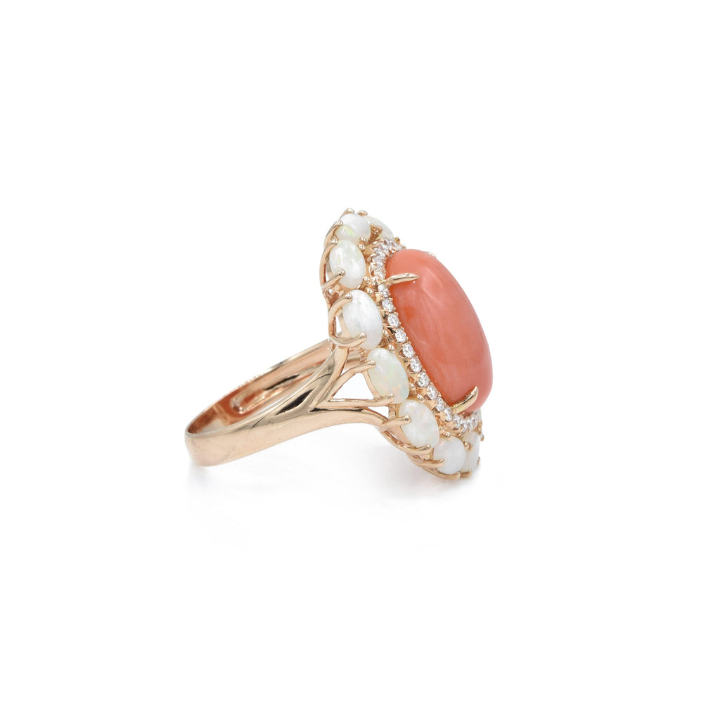 Solid Gold Coral and Opal, Diamond Ring (D9CCEC)