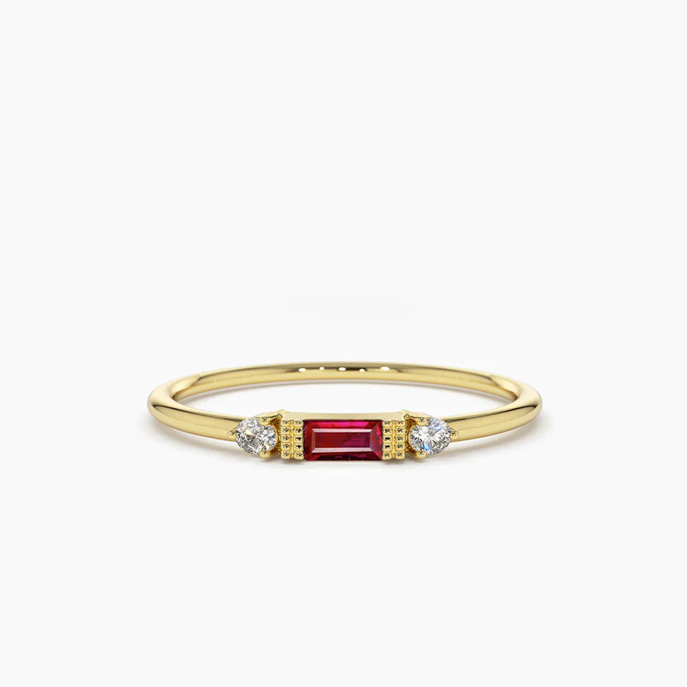 Solid Gold Baguette Ruby With Diamond Ring