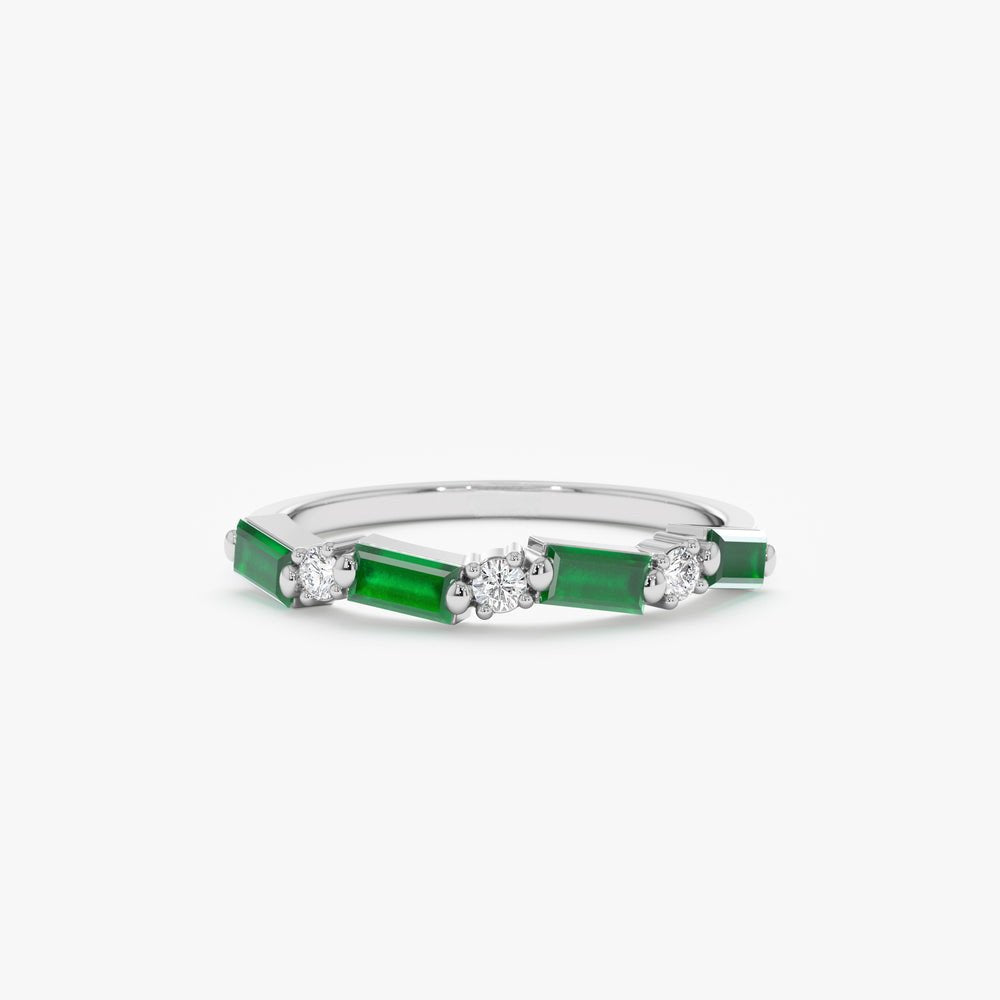 18K Solid Gold Diamond and Baguette Emerald Ring - Style B