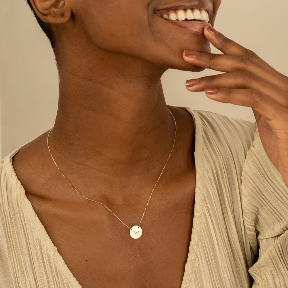 Solid Gold Dainty Engravable Brushed Disc Necklace