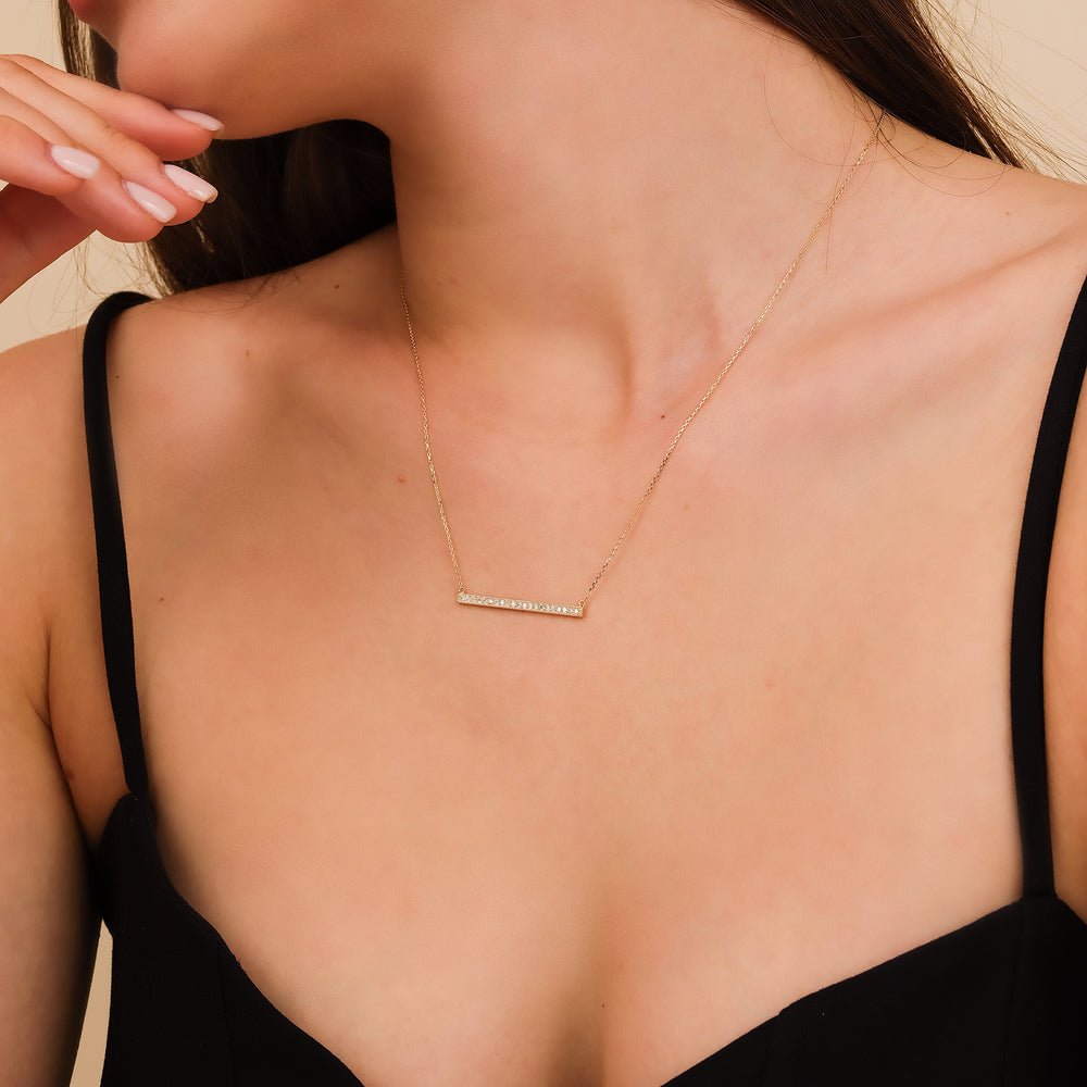Solid Gold Long Diamond Bar Necklace (6EF416)