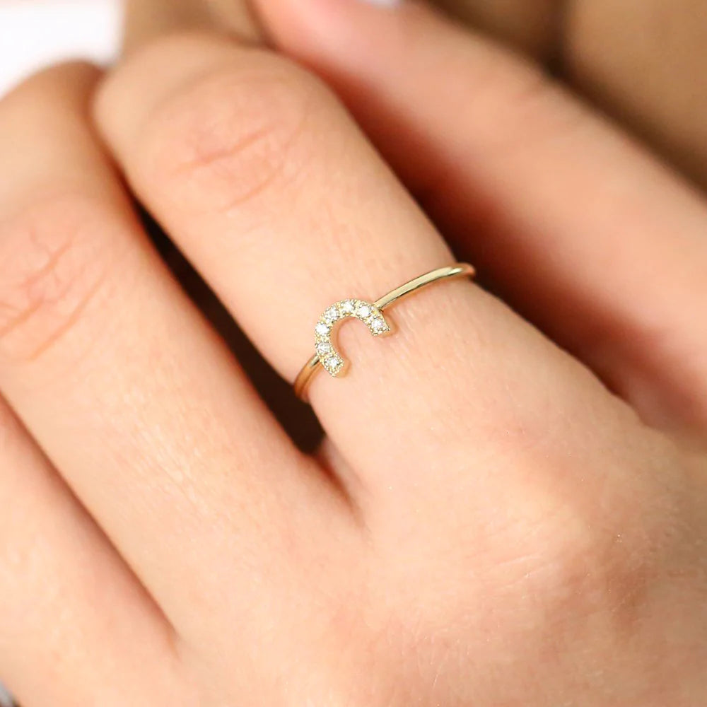 Solid Gold Horseshoe Ring with Round Cut White Diamonds