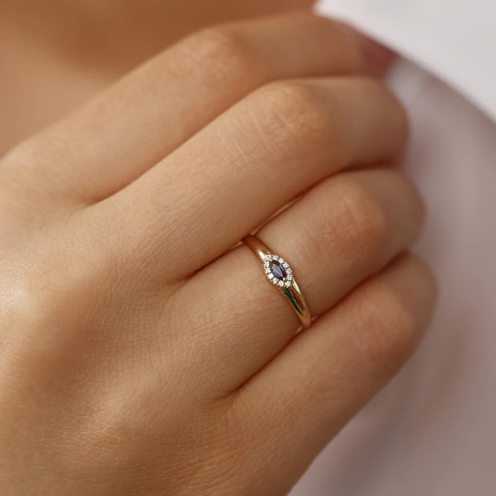 Solid Gold Marquise Sapphire Ring in Halo Setting