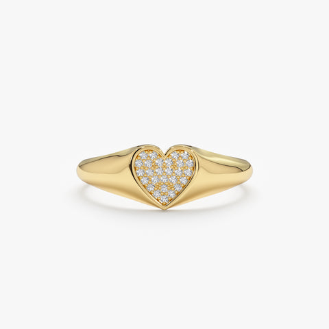 18K Solid Gold Pave Diamond Heart Signet Ring