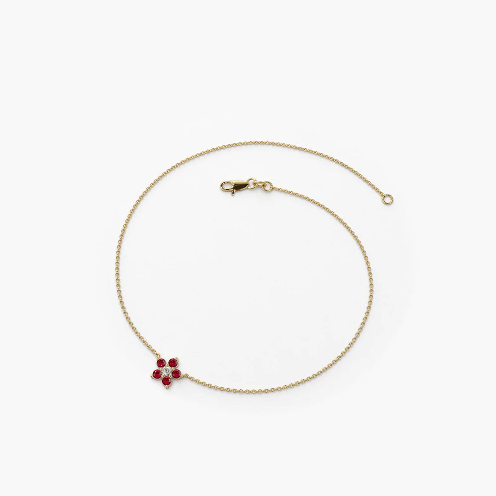 Solid Gold Ruby and Diamond Flower Charm Bracelet