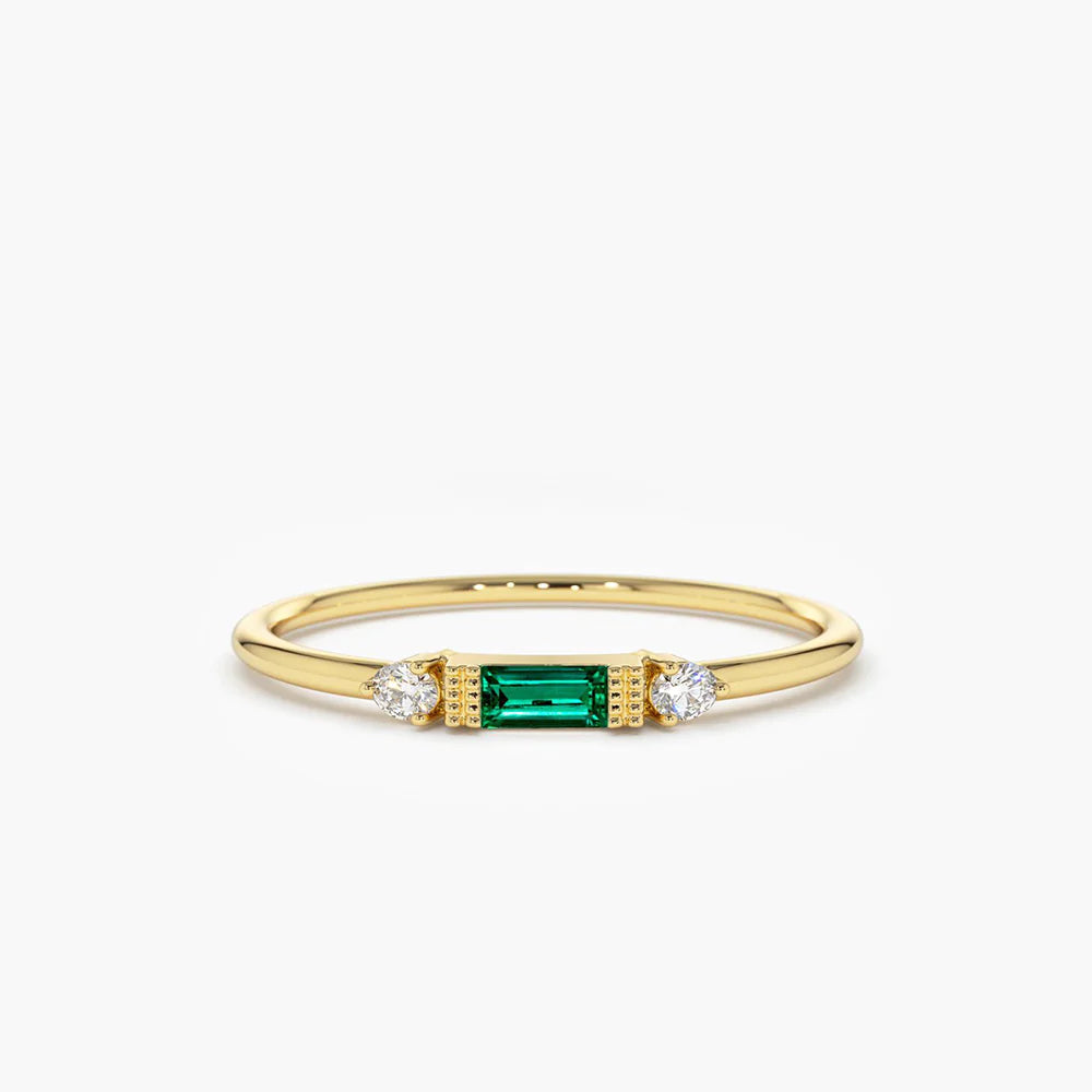 Solid Gold Baguette Emerald with Diamond Ring