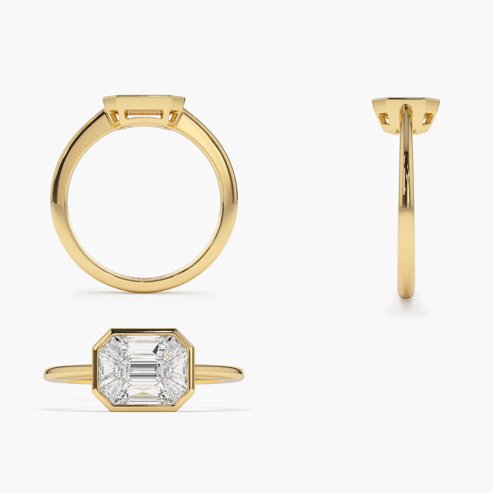 Solid Gold Emerald Cut East West Illusion Emerald Pie Cut Diamond