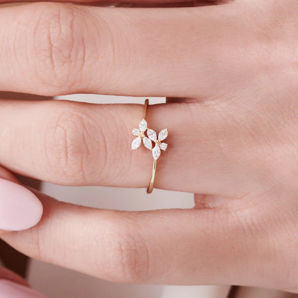Solid Gold Marquise Diamond Trendy Stackable Ring