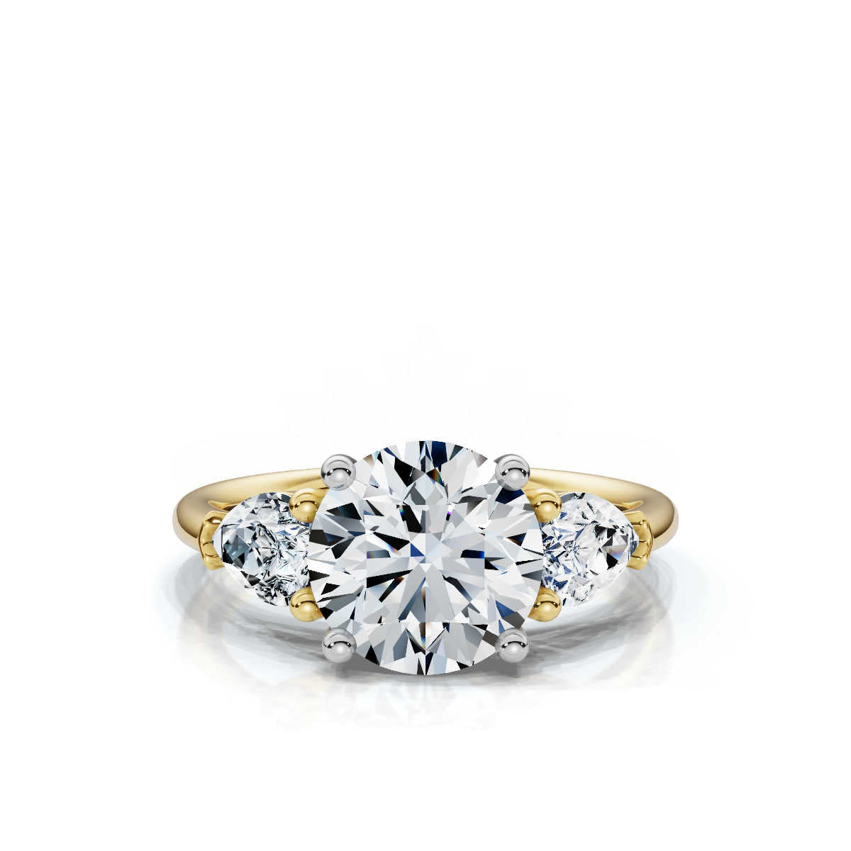 Solid Gold Three Stone Pear & Round Lab Grown Diamond Engagement Ring