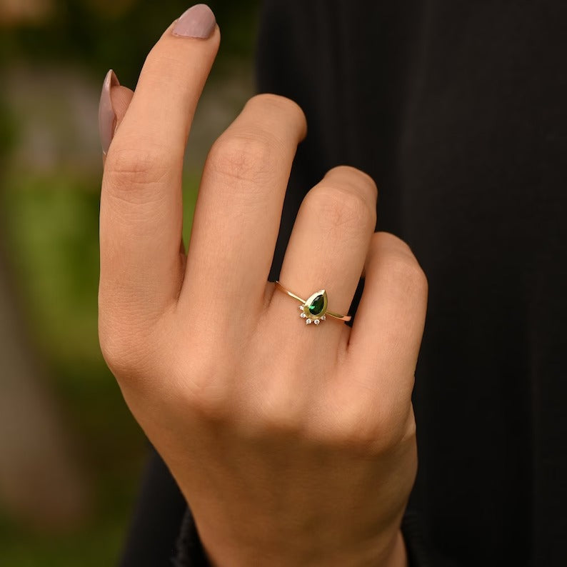 Solid Gold Pear Emerald Ring