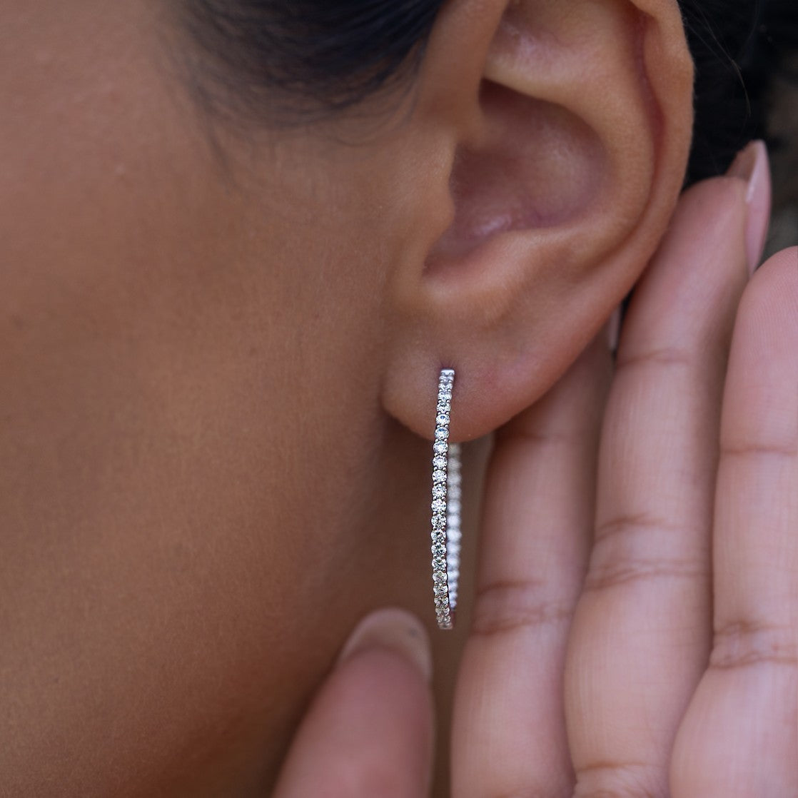Solid Gold Lab-Created Diamond Medium Oval Hoop Earrings