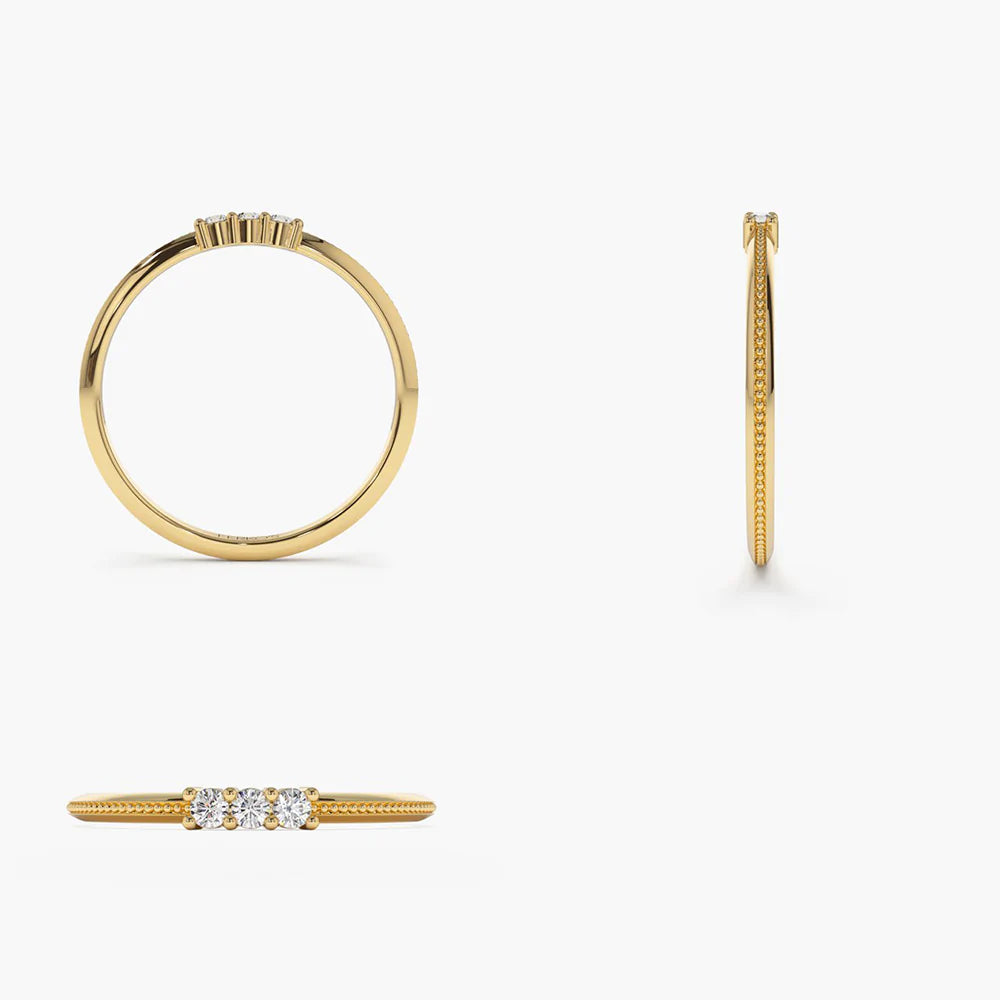 Solid Gold 3 Stone Beaded Diamond Ring