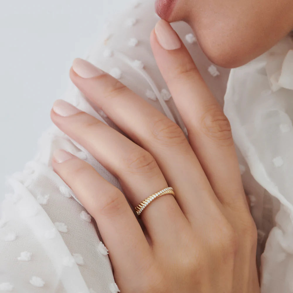 Solid Gold Micro Pave Diamond Twisted Rope Criss Cross Ring