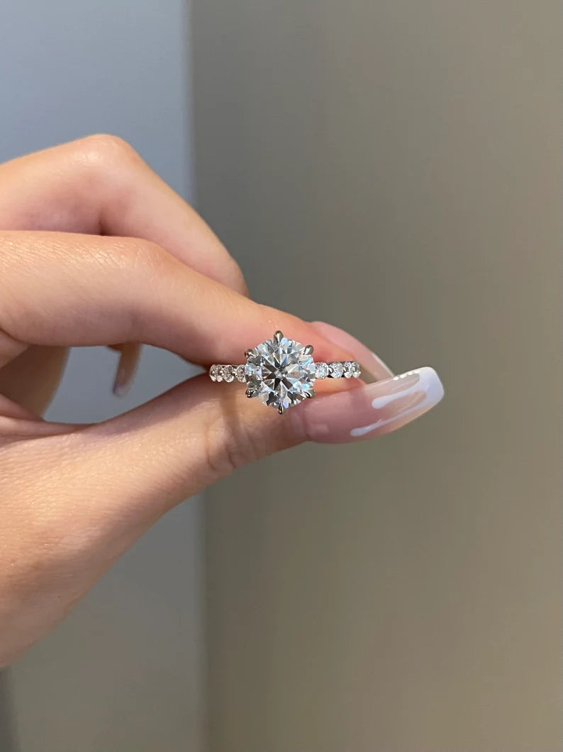 Solid Gold Engagement Ring 3.5ct Round Moissanite 6-Prong Channel Pave