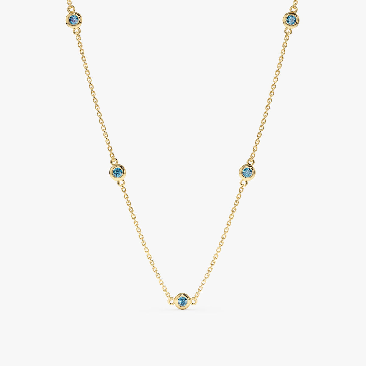 Solid Gold Blue Topaz Station Necklace (66104E)