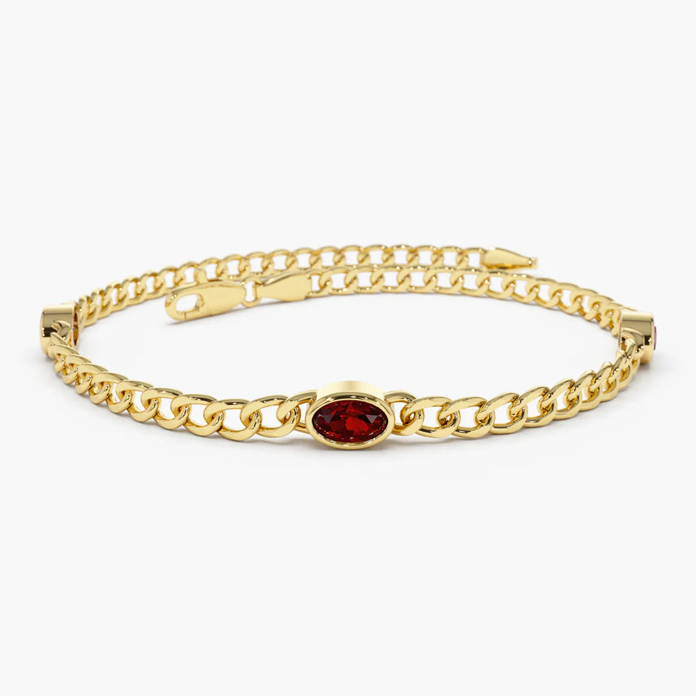 Solid Gold Cuban Link Bracelet | Bezel Setting Garnet Bracelet