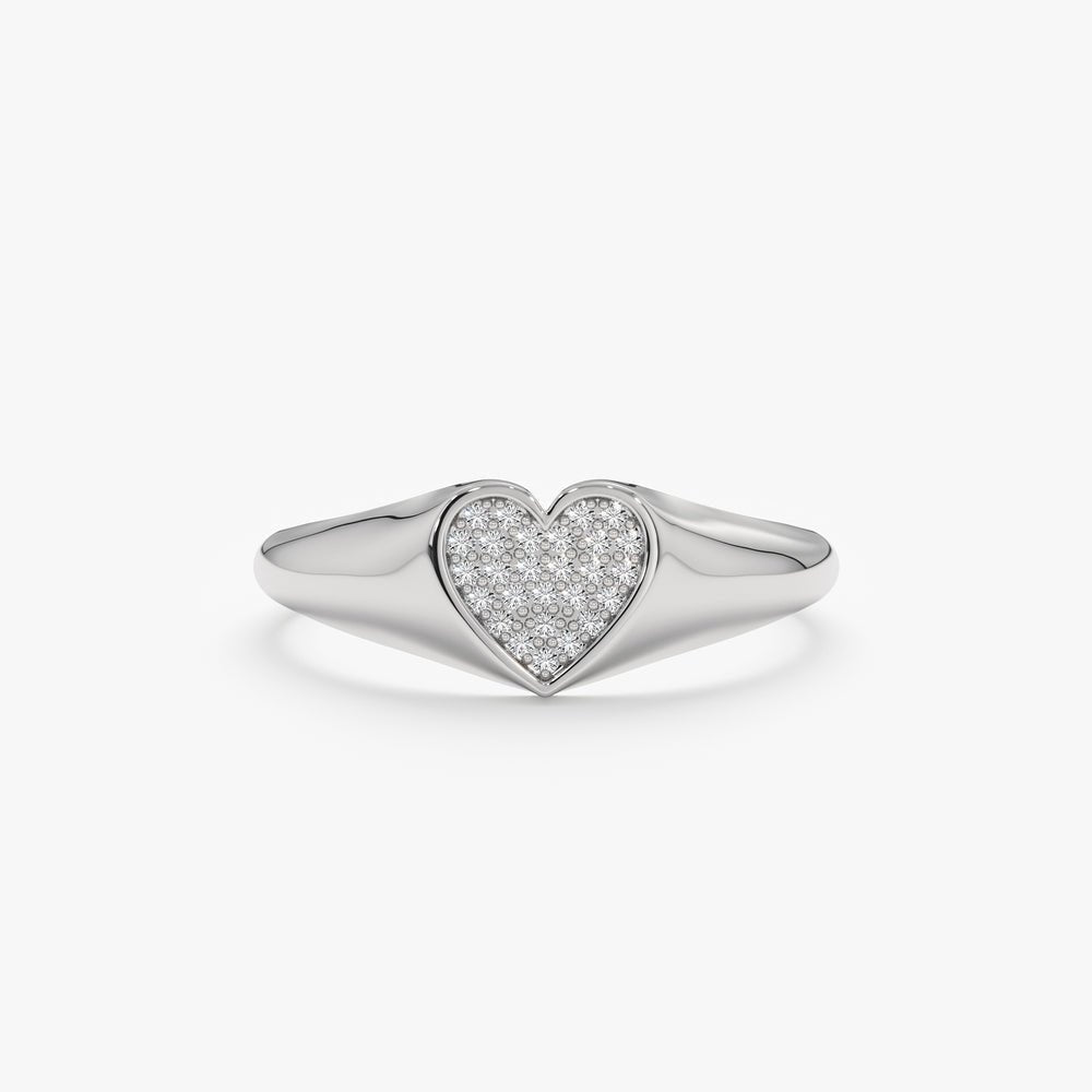 18K Solid Gold Pave Diamond Heart Signet Ring