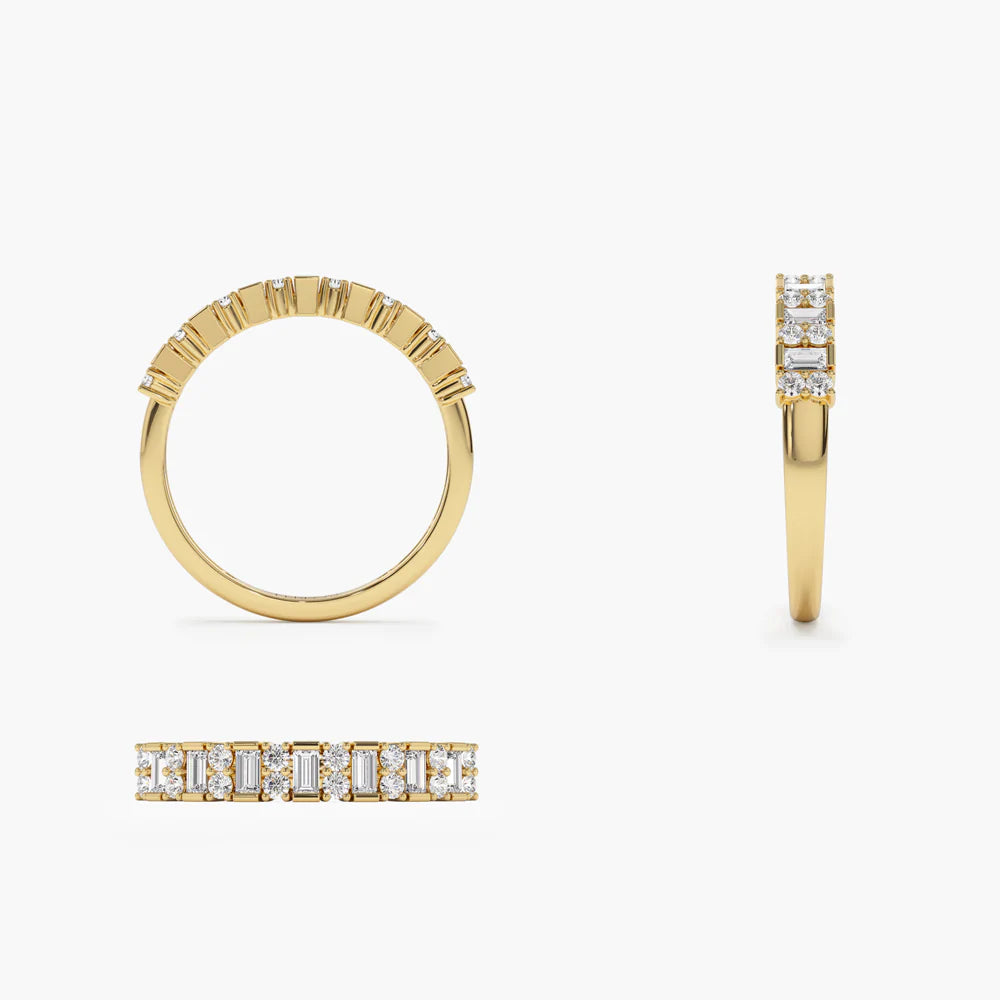 Solid Gold Vertical Baguette and Round Diamond Wedding Band