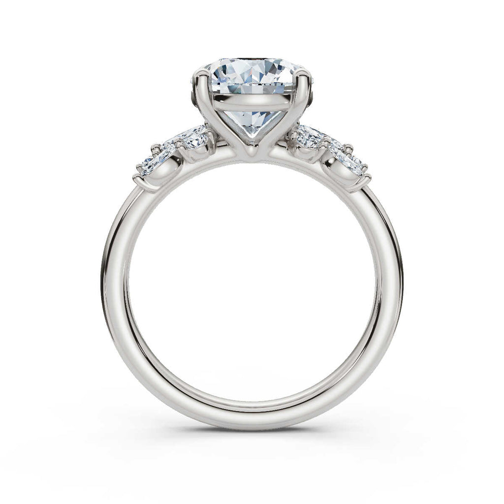 18K Solid Gold 2 CT Round Diamond Ring with Marquise Accent Stones