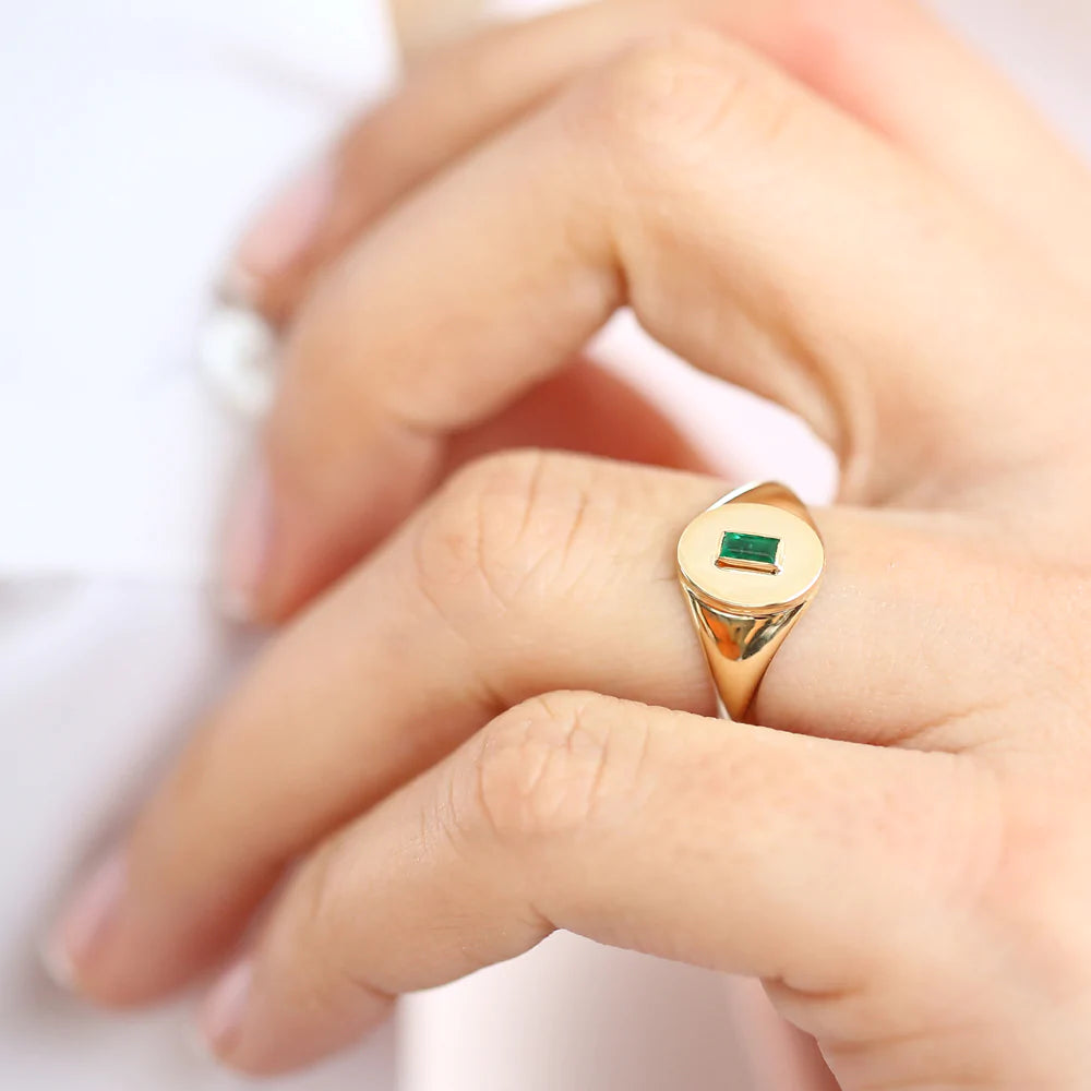 Solid Gold Baguette Emerald Signet Ring