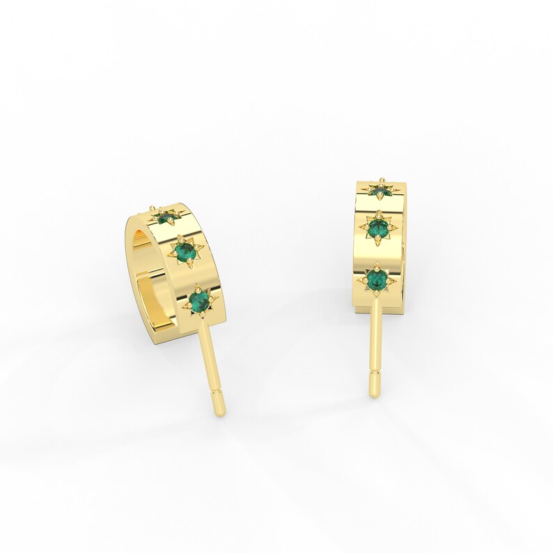 Solid Gold 1.5 MM wide Hoop Natural Emerald earrings