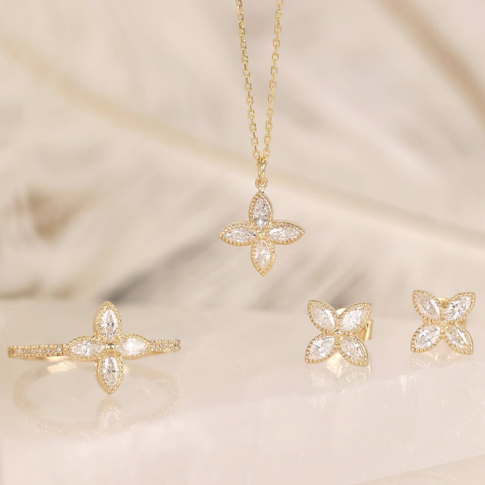 Solid Gold Diamond Marquise Clover Earrings