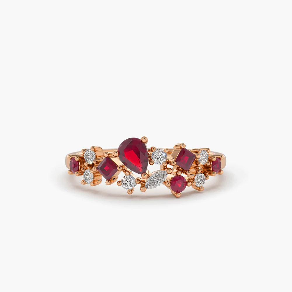Solid Gold Ruby and Diamond Mixed Shape Cluster Ring