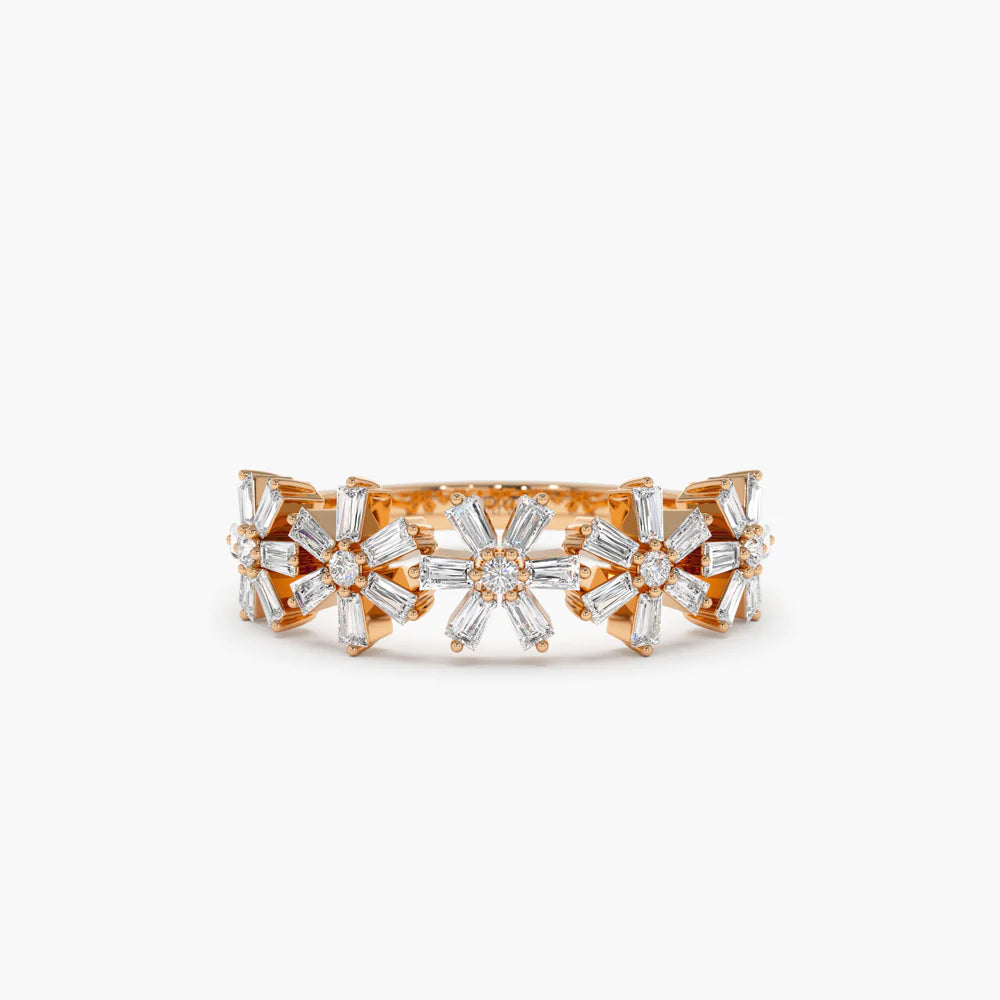 Solid Gold Baguette Diamond Multi Flower Design Ring