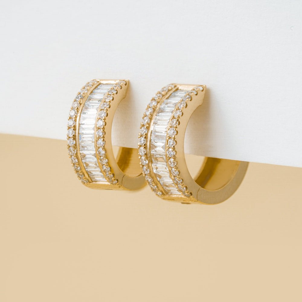 Solid Gold Thick Baguette Diamond Hoops