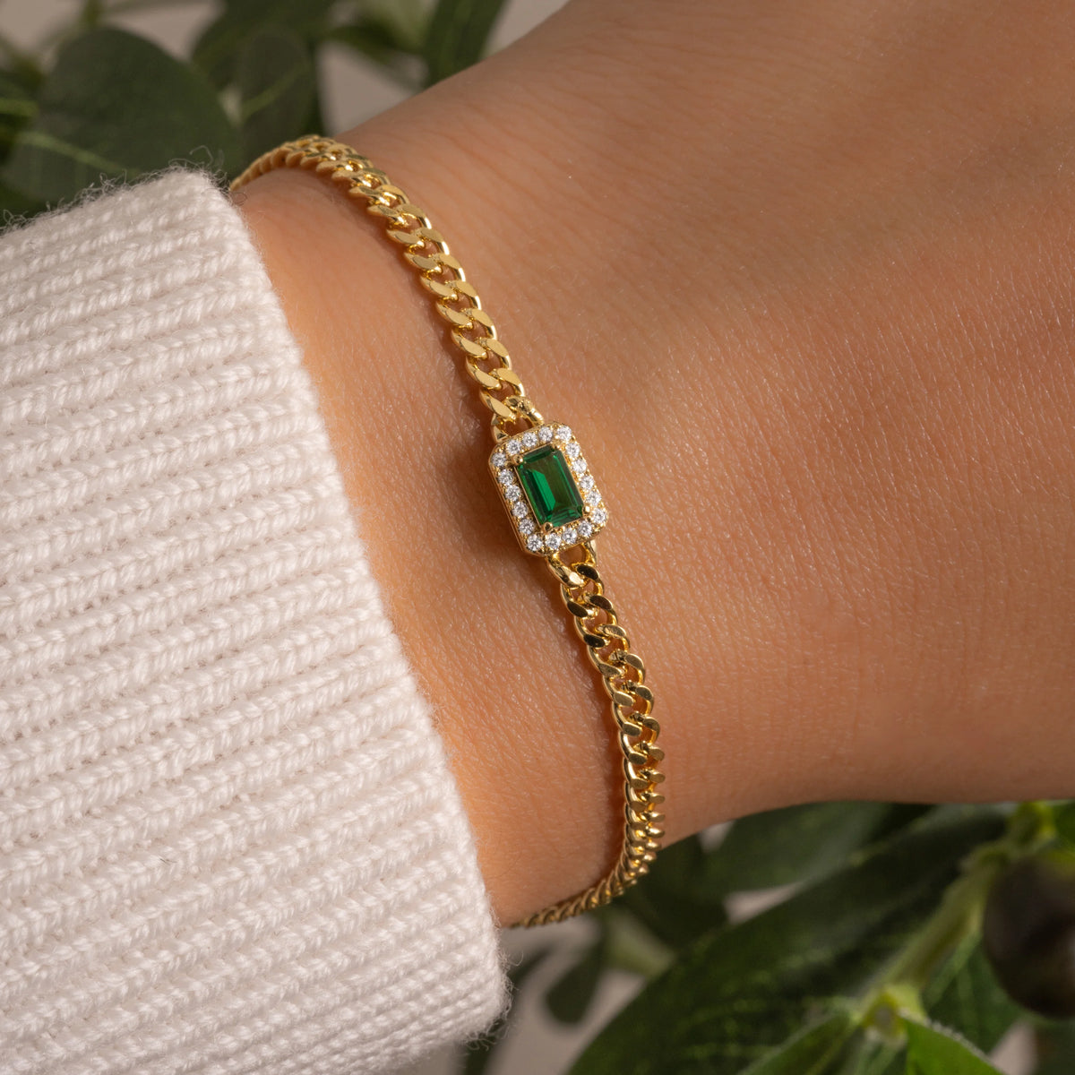Solid Gold Emerald and Diamond Cuban Bracelet
