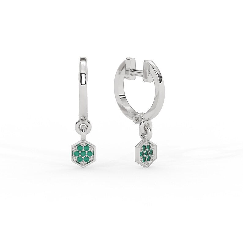 Solid Gold Natural Emerald Hoop Earring