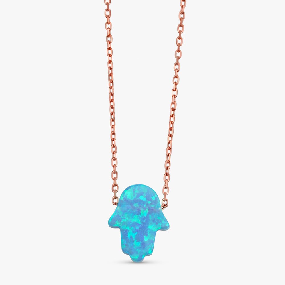 Solid Gold Blue Opal Hamsa Necklace (D9BDCA)