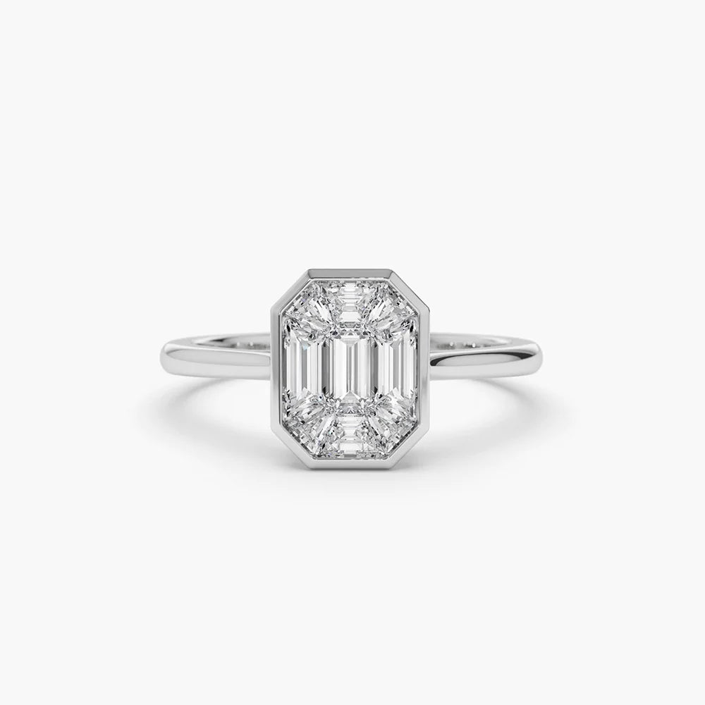 Solid Gold Emerald Cut Illusion Mosaic Solitaire Engagement Ring