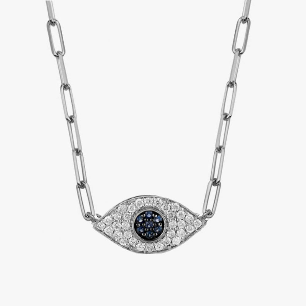 Solid Gold Sapphire & Diamond Eye Paperclip Necklace (029FE9)