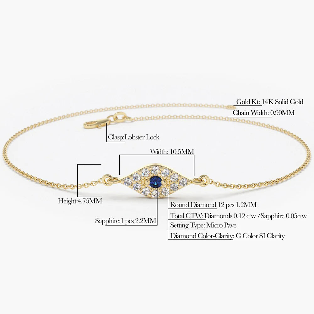 Solid Gold Lab-Grown Diamond and Sapphire Evil Eye Bracelet (D24148)