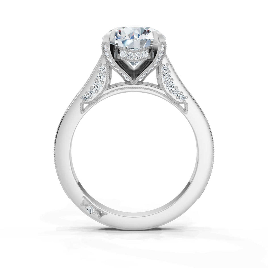 18K Solid Gold 2 CT Round Diamond Ring with Pavé Diamond Accents